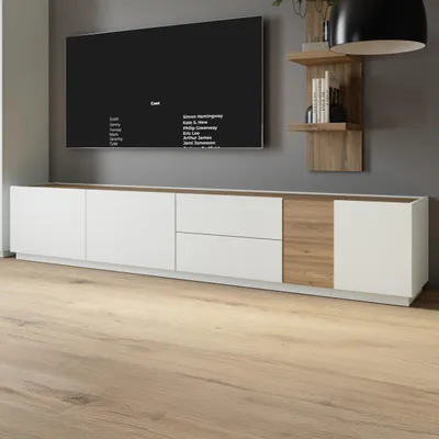 Produktbild von Forte LEWISVILLE TV Schrank 240, minimalisches Lowboard, Wohnzimmer, 3-türig, 2 Schubladen, Holzwerkstoff, Secret Grey | Valenica Eiche Holzdekor, 239,4 cm breit x 50,4 cm hoch x 41 cm tief