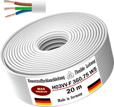 Produktbild von 20m Kunststoffschlauchleitung H03VV-F 3G0,75 Weiß Flexible Leitung Gerätekabel