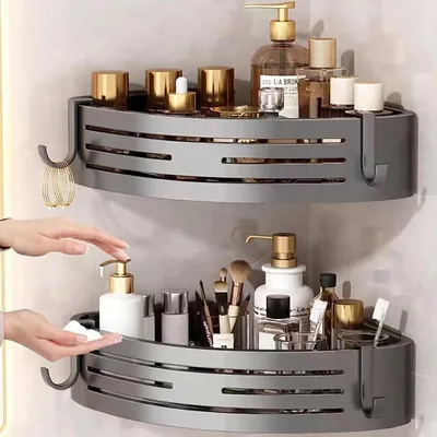 Produktbild von Duschablage ohne Bohren Eckregal Aluminium Grau mit 4 Haken
