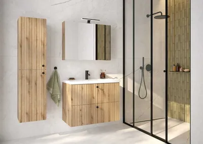 A modern bathroom vanity set with a tall cabinet, a wall-mounted sink cabinet, and a mirror.