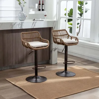 Obrázek produktu pro Barová židle AIORBER, sada 2 kusů, s nastavitelnou výškou a podnožkou, robustní kovový rám, funkce otáčení o 360°, do kuchyně, jídelny, 49x48x89 cm, béžová barva
