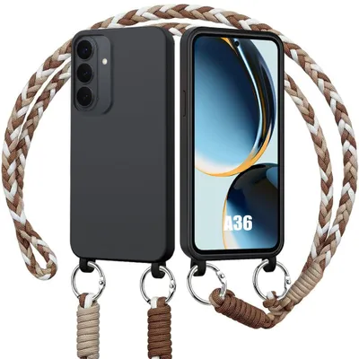 Image de Coque pour Samsung Galaxy A36 5G, Protection Antichoc Silicone Noir avec Cordon Blanc Marron