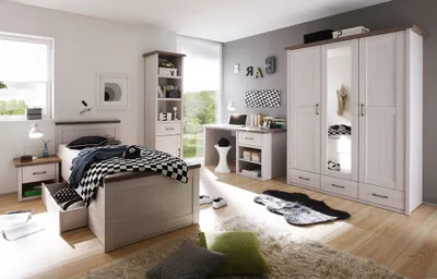 Produktbild von Jugendzimmer Komplett Set 5-tlg. LUND-78 im Landhaus Design, Pinie weiß Nb./Trüffel Eiche Nb.