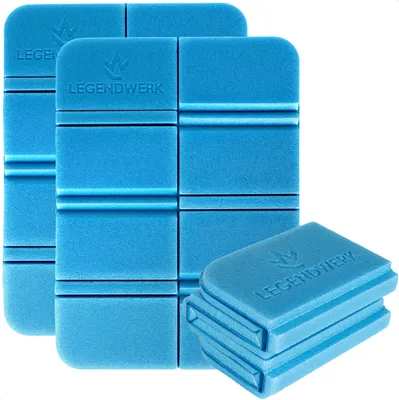 Two blue foam seat cushions are shown in the foreground, with a stack of three smaller cushions in the lower right corner.