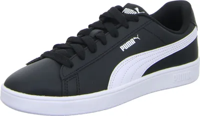 A black Puma sneaker with white accents and a white sole, shown from the side.