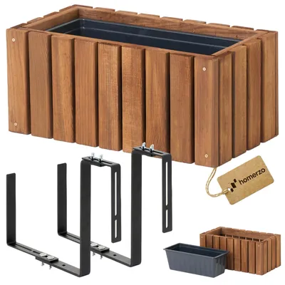 Obrázek produktu pro Dřevěný květináč obdélníkový - hnědý impregnovaný, s plastovou vložkou - květináč na balkon 45x23 H20 + držák