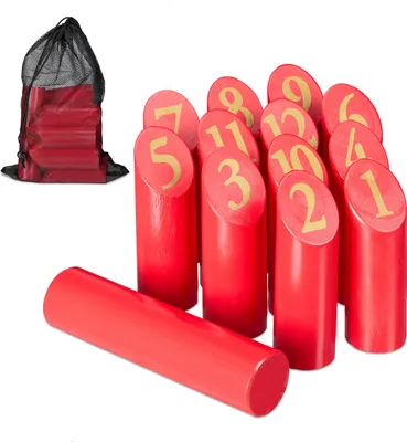 Produktbild von Relaxdays Kubb Wikingerspiel, finnisches Wurfspiel, Holz, Outdoorspiel mit Zahlen, Erwachsene u. Kinder, mit Tasche, rot