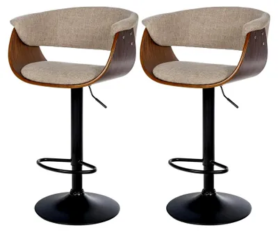 Produktbild von 2er Set Barhocker Vestal Stoff oder Kunstleder, Höhenverstellbar, Barstuhl mit Fußstütze, 360° drehbar, Farbe: Walnuss/Creme, Material: Stoff