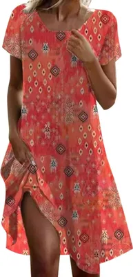 Produktbild von ASKSA Damen Sommerkleid Laessig Sommer Boho Kleid Elegant Blumendruck Maxikleid Kurzarm A-Linie Strandkleid (Rot,XXL)