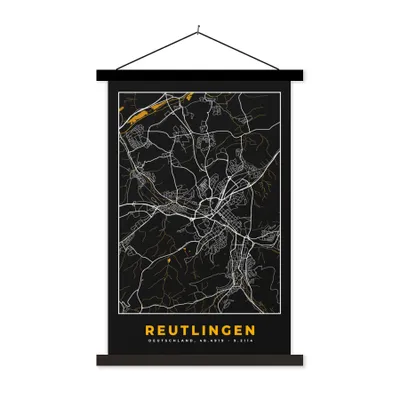 Produktbild von MuchoWow® Textilposter Reutlingen - Gold - Stadtplan - Karte - Deutschland 60x90 cm mit schwarzem Rahmen - Poster Wohnzimmer