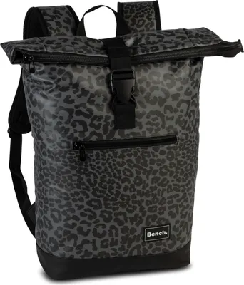 A roll-top backpack with a leopard print pattern.