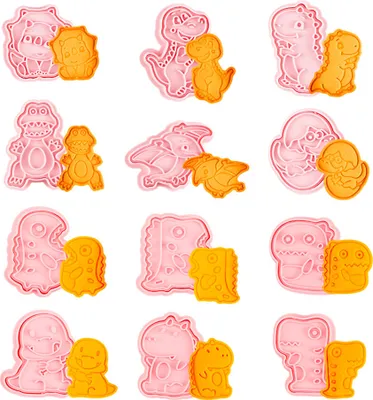 Obrázek produktu pro CANDeal 12 kusů dinosauřích vykrajovátek a odpovídajících razítek, 3D Dino Jurassic Theme, fondánové reliéfy, nástroje na pečení, dortové doplňky, dekorace