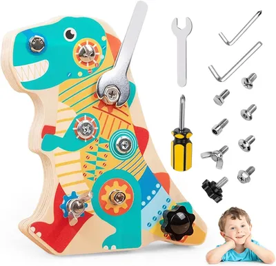 Produktbild von Dinosaurier-Holz-Schraubenbrett, Busy Board, Feinmotorik Kinder Schrauben Spielzeug, Pädagogisches Spielgeschenk Für Jungen Und Mädchen