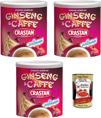 Produktbild von Crastan Ginseng e caffe' solubile, ungesüßt Instant Ginseng & Kaffee Drink 3x (200 gr 25 Tassen) Original aus Italien! + Italian Gourmet polpa 400g