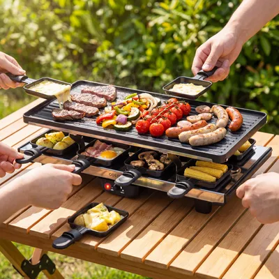 Produktbild von COSTWAY Raclette Grill für 8 Personen, elektrischer Grill mit 2in1 wendbarer Antihaft-Grillplatte, einstellbarer Temperaturregelung, 8 Pfännchen