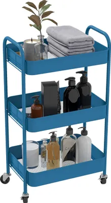 Produktbild von HOMCOM Hilfswagen mit Rollen, Aufbewahrungswagen mit 3 Körben und Stahlrahmen für Wohnzimmer, Schlafzimmer, Büro, Küche, 45 x 30,6 x 79 cm, Dunkelblau