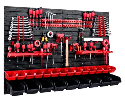 Produktbild von Werkzeugwand Stapelboxen - 1152 x 780 mm - Lagersystem SET Werkzeughaltern und 23 Rot/Schwarz Boxen - Wandregal Werkstattregal Lochwand Schüttenregal Sichtlagerkästen
