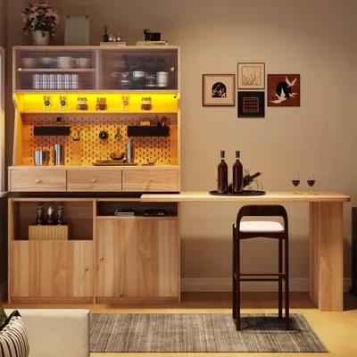 Immagine prodotto di Armadio alto con scrivania e cassetti, mobile contenitore con illuminazione a LED e ripiani regolabili, dotato di pannello forato, finitura naturale