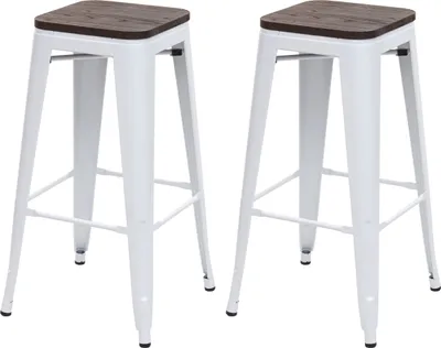 Zdjęcie produktu dla zestaw 2 stołków barowych HWC-A73 z drewnianym siedziskiem, stołek barowy, metalowy, industrialny design, sztaplowany ~ biały