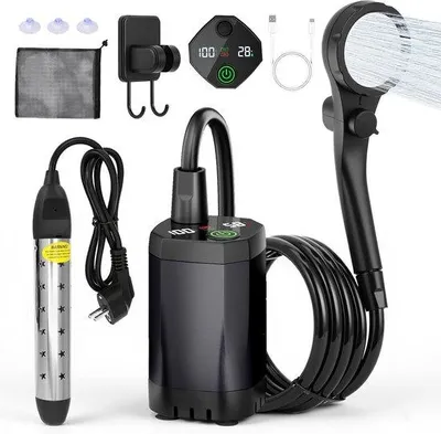 Produktbild von Schnelleinkauf - Wiederaufladbare Campingdusche 6000 mAh mit Heizungsbar, Tragbare Außendusche mit Digitalanzeige für Strand, Auto, Garten und Tiere (