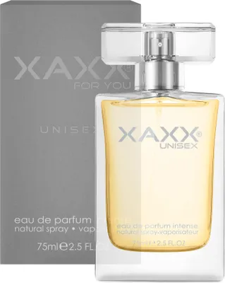 A perfume bottle and its packaging are shown against a neutral background.