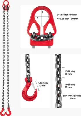 Immagine prodotto di SucceBuy braca a catena 8 mm x 3 m, braca a catena con due ganci, braca di sollevamento in lega di acciaio G80, catena per gru 3,17 T, catena forestale, paranco a catena motorizzato regolabile per il trasporto di carichi