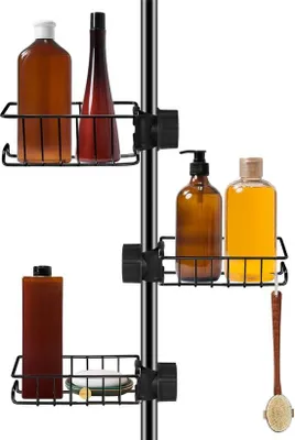 Productafbeelding van Ibenzoa® Doucheplank-set, 3 stuks, van roestvrij staal – boorvrije montage met glijsysteem voor stangen met een diameter van 18–27 mm, zwart, ruimtebesparend