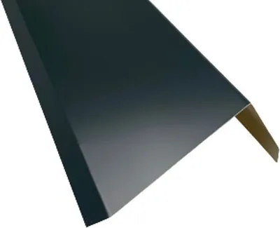 A dark gray metal corner piece, likely for roofing or construction, is shown against a white background.