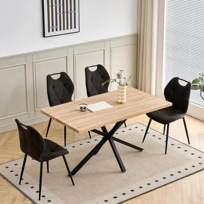 Image de Ensemble de salle à manger 5 pièces : table de salle à manger de 140 cm + 4 chaises, imitation bois clair/noir