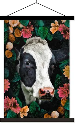 Produktbild von MuchoWow® Textilposter Kuh - Blumen - Blätter - Tiere 120x180 cm mit schwarzem Rahmen - Fotos