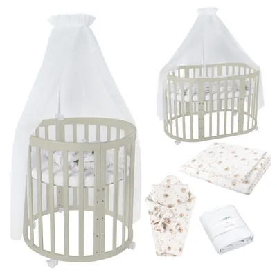 Produktbild von Waldin Babybett OWAL Kinderbett 7in1 mit Matratze, mitwachsendes Kinder-Bett,Stoffe Weiß Löwenzahn,Holz olive