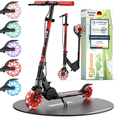 Produktbild von Kidiyana Kinderroller ab 5 Jahren bis 50 kg – klappbarer Scooter mit LED-Rädern, Handbremse, Stoßdämpfung & höhenverstellbarem Lenker