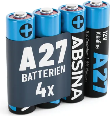 Four A27 12V alkaline batteries are bundled together with a dark gray band.