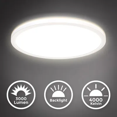 Immagine prodotto di B.K.Licht Plafoniera LED dimmerabile su 3 livelli, 22W, 3000Lm, Luce bianca neutra 4000K, Ultrapiatta, Illuminazione indiretta, Lampada da soffitto con Funzione di memoria, Pannello LED rotondo Ø42cm