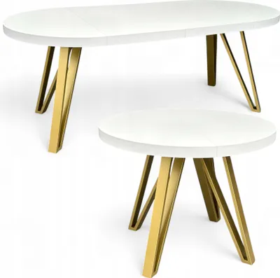 Produktbild von Runder Esstisch Weiß Halbmatt Ausziehbar Ø100/200 cm mit Goldenen Metallbeinen
