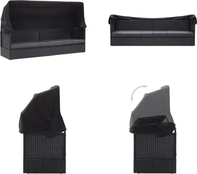 Image de vidaXL Lit Sofa Outdoor avec toit Poly Rotin Noir - Bain de soleil - Bain de soleil - Lit lounge en rotin