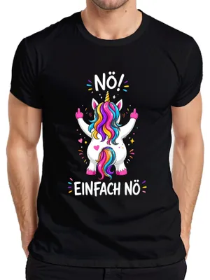 Productafbeelding van Nee. Gewoon nee. Eenhoorn met middelvinger. Grappig, sarcastisch, sarcasme. Heren T-shirt, zwart, maat M