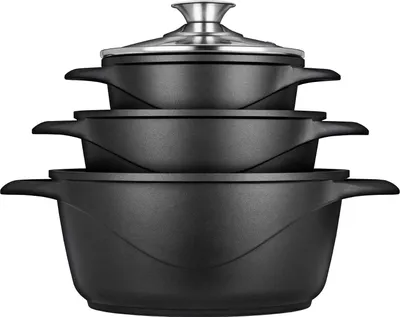 Zdjęcie produktu dla Zestaw naczyń żeliwnych - 3 patelnie - czarny - aluminium