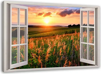 Produktbild von Leinwandbild fenster - blick auf ein blumenfeld 60x40 cm Feeby gelb wandbild bereit zum aufhängen