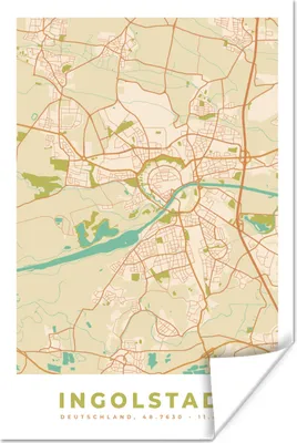Produktbild von MuchoWow® Poster Ingolstadt - Karte - Stadtplan - Vintage 120x180 cm - Kunstposter