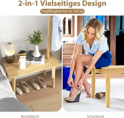 Immagine prodotto di Tavolino 3 in 1 in legno massiccio, appendiabiti con panca per scarpe, 76 x 43 x 168 cm, naturale