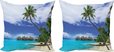 Zdjęcie produktu dla Zestaw poszewek na poduszki ABAKUHAUS Tropical (2 szt.), Water Bungalows Tropical Resort Bora Island Pacific Ocean Panorama, 50 x 50 cm, zielony biały niebieski