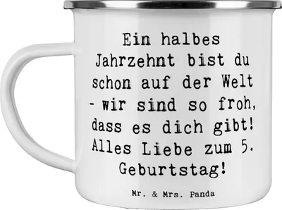 Produktbild von Mr. & Mrs. Panda Emaille Tasse Spruch 5. Geburtstag Freude - Weiß - Geschenk, Happy Birthday, Familienfeier, Kindergeburtstag, Teetasse, Alter, Geburtstagswünsche, Pott
