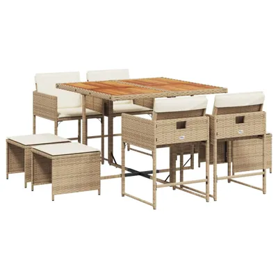 Produktbild von 9-tlg. Garten-Essgruppe mit Kissen Beige Poly Rattan