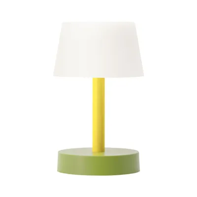 A modern table lamp with a white shade, yellow stem, and green base.
