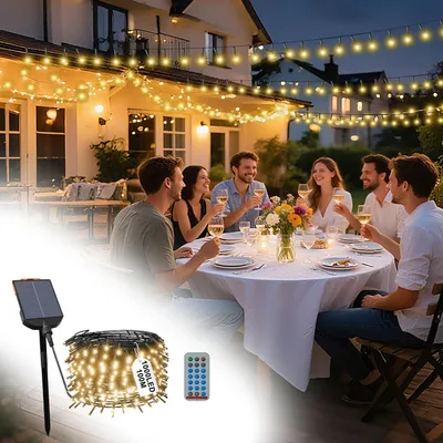 Image de LARS360 Guirlande lumineuse solaire, 100 mètres, 1000 LED, lumière blanche chaude, éclairage de Noël avec 8 modes d'éclairage, minuterie, télécommande et fonction de charge USB-C. Guirlande lumineuse solaire pour Noël, Pâques et Halloween
