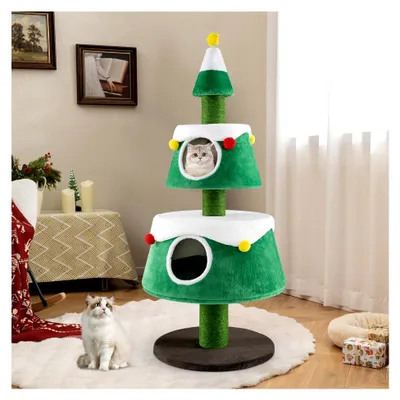 Produktbild von Katzenbaum Weihnachten mit 2 Höhlen, Sisal-Kratzsäule, große Basis, Spielzeug & Kissen, Indoor Katzenmöbel, 59 x 153 cm, Grün