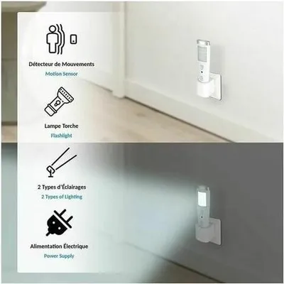 Produktbild von Notfall-Induktionstaschenlampe mit Präsenzmelder, Erfassungswinkel 60°, 15 LEDs, wiederaufladbarer Akku, weiß