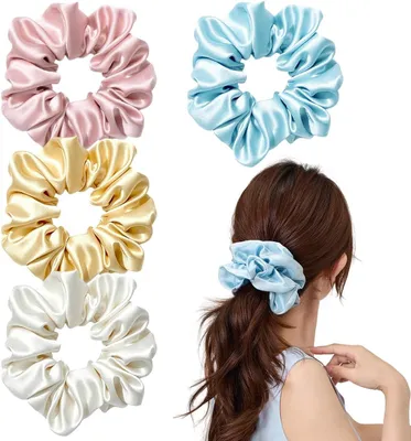 Imagen del producto de Gomas para el pelo, satén, paquete de 4 unidades, diámetro 18 cm, ideales para cabello largo y rizado