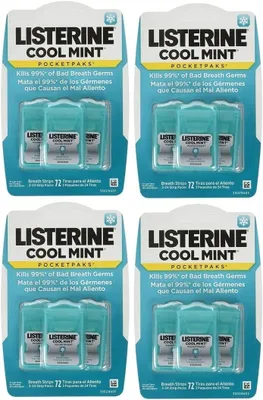 Produktbild von Listerine PocketPaks Cool Mint, 24 Streifen (Packung mit 12), Alkoholfrei, Plaque- und Gingivitis-Vorbeugung, Frischer Atem, 288 Stück